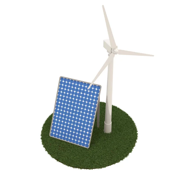 Větrný mlýn a solární panely na bílém pozadí — Stock fotografie