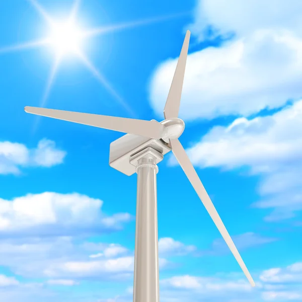 与阳光的美丽云彩背景上的风力发电机组 — 图库照片