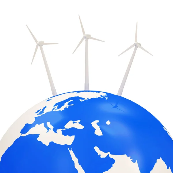 Moinhos de vento na Terra Planeta isolado sobre fundo branco — Fotografia de Stock