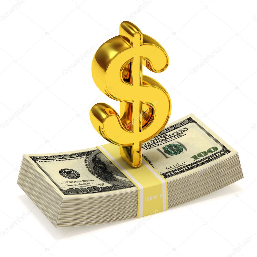 Dollar Sign and bundle of money isolated on white background