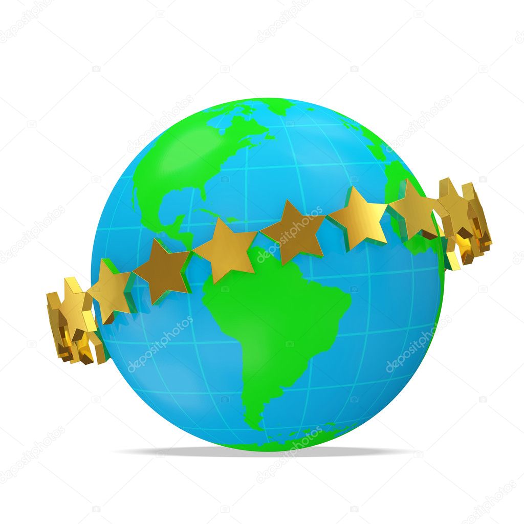 Golden Stars around Green Globe on white background