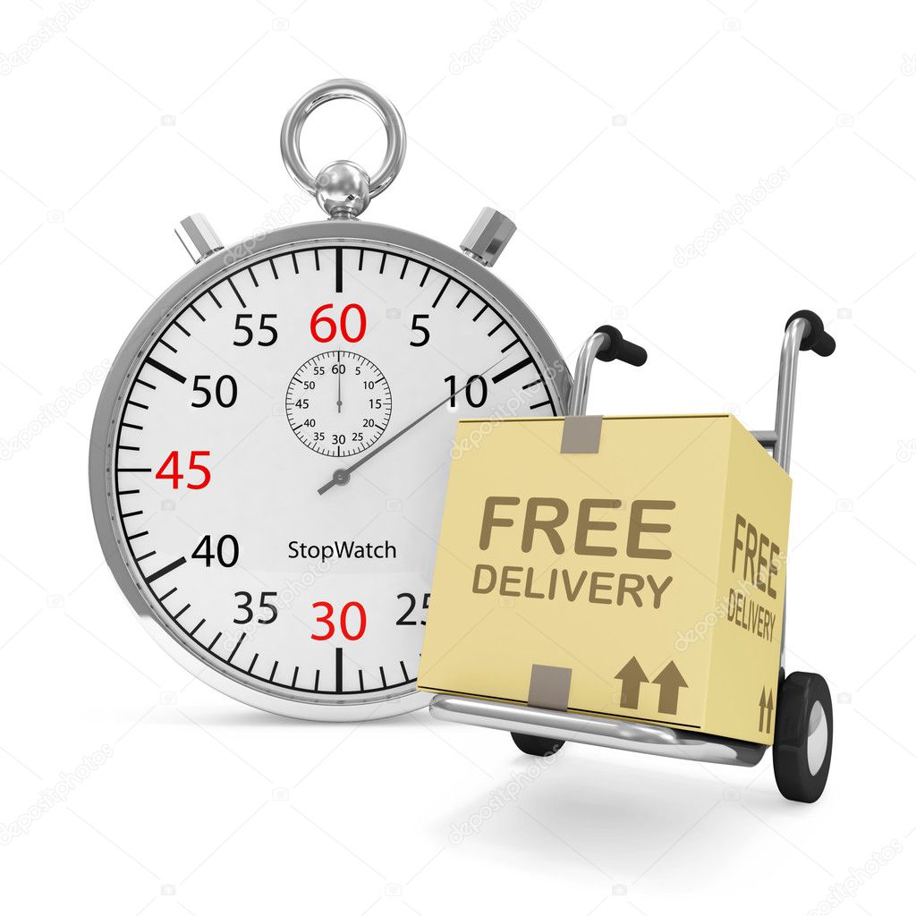 Hand truck with a box and Stopwatch on white background (Express Delivery Concept)