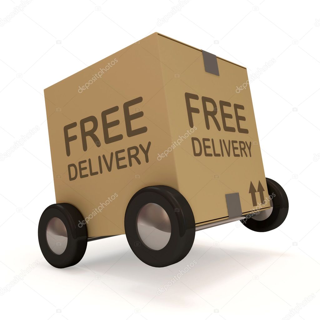 Carton Box on wheels on white background (Free Delivery Concept)