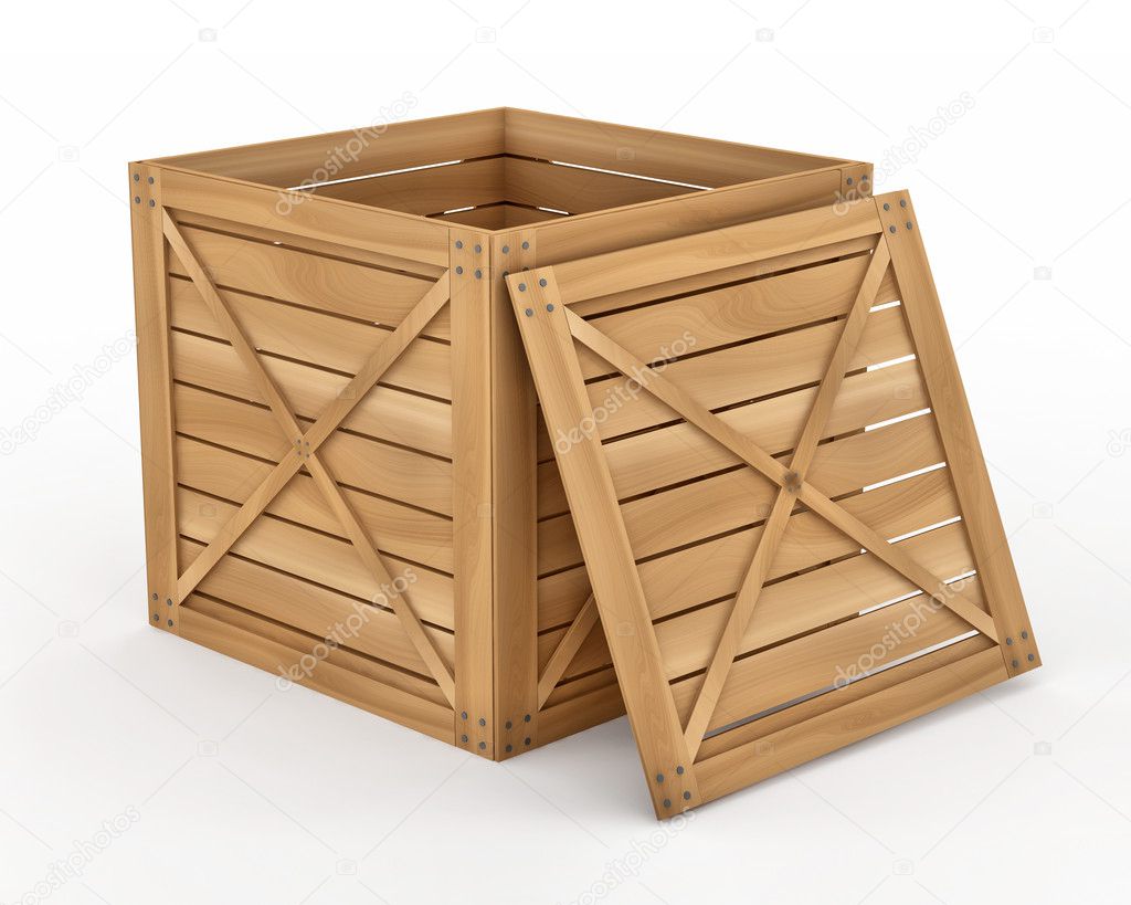 Opened Wooden Box Container on white background