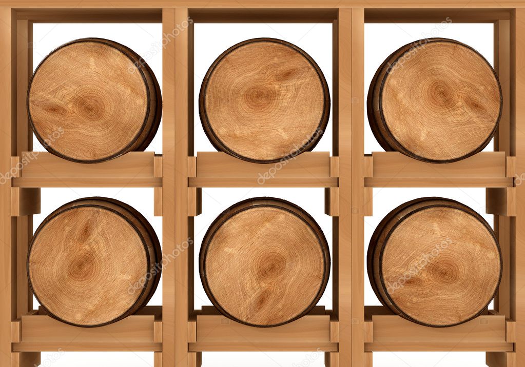 3d shelf with six wooden barrels on white background