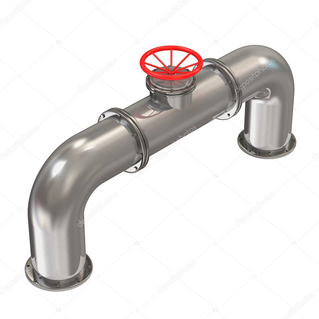 Metal Pipeline with Red Valve isolated on white background