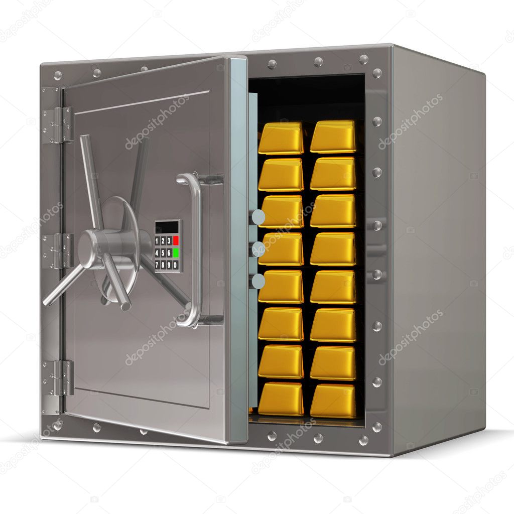 Opened Steel Safe with Electronic Lock and Golden Bars Inside