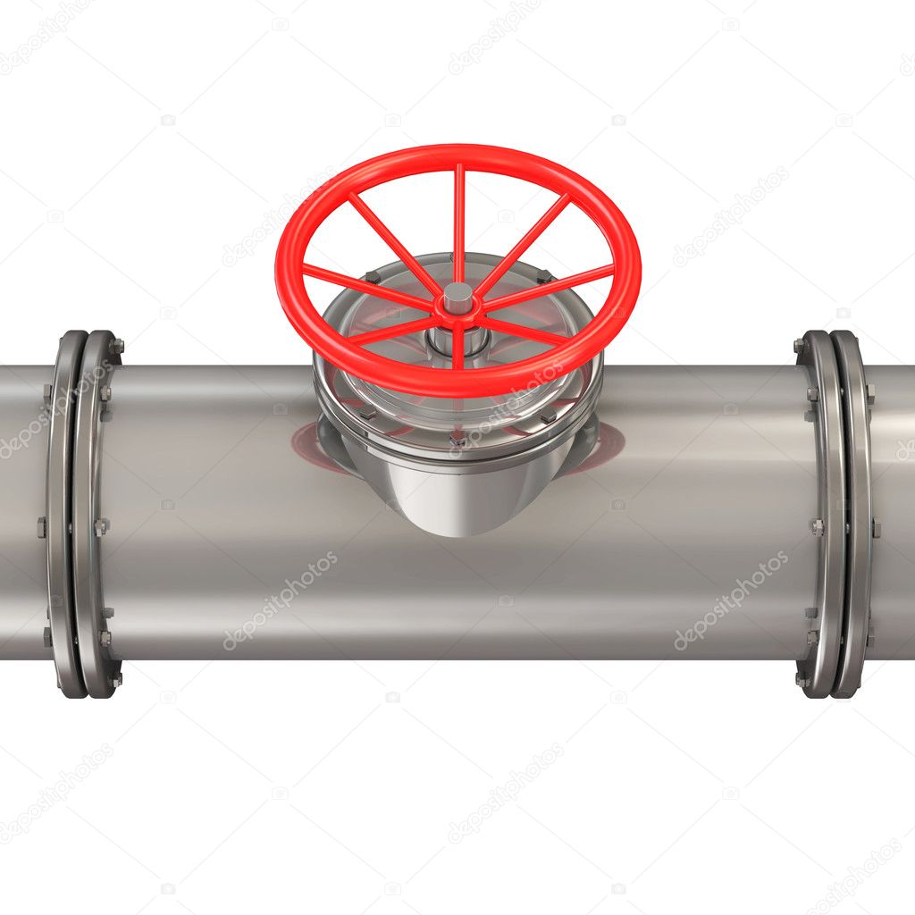 Metal Pipeline with Red Valve isolated on white background
