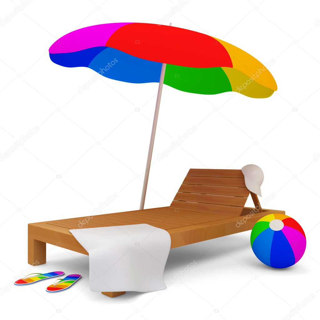 Sun bed with Sunshade and Colorful Beach Ball isolated on white background