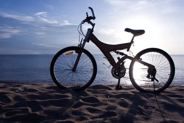 在海滩上的一辆自行车的剪影 — 图库照片