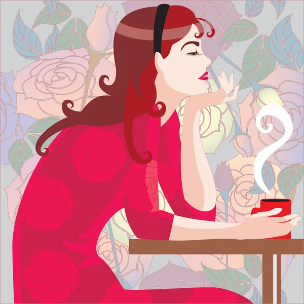 Menina em vermelho no café —  Vetores de Stock