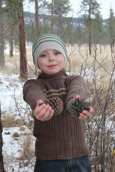 冬天的男孩ロシアの村の霧日の出 — 图库照片