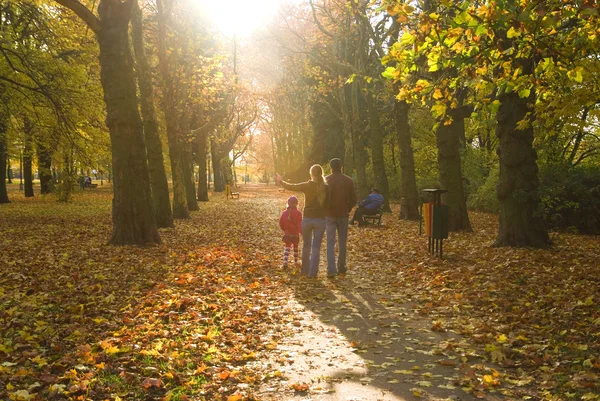 Молодая семья гуляет по осеннему парку — стоковое фото