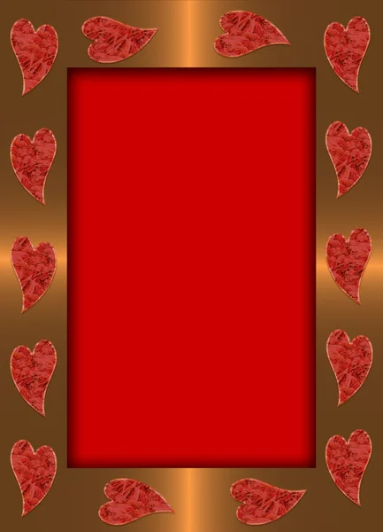 Cadre en or avec des cœurs sur la Saint Valentin rouge — Photo