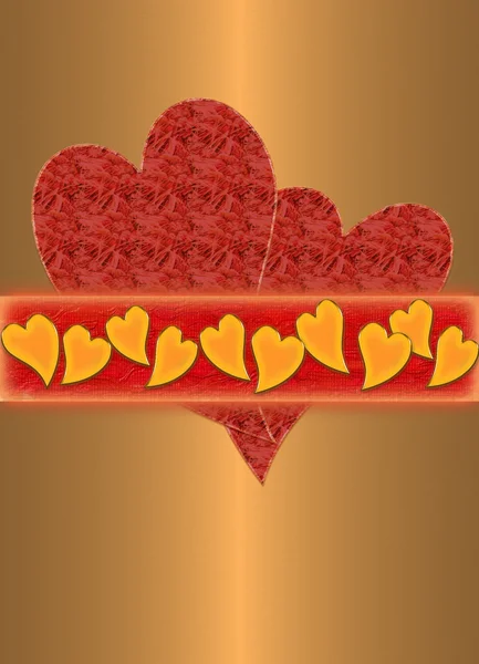Röda hjärtan i guld bakgrunden — Stockfoto