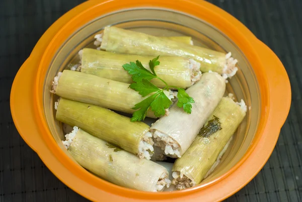 Stuffed leeks, with minced meat and rice — Stock Photo, Image