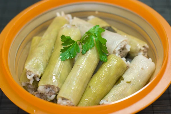 Stuffed leeks, with minced meat and rice — Stock Photo, Image