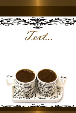 Turkish coffee in two cups on a white background with gold elements clipart