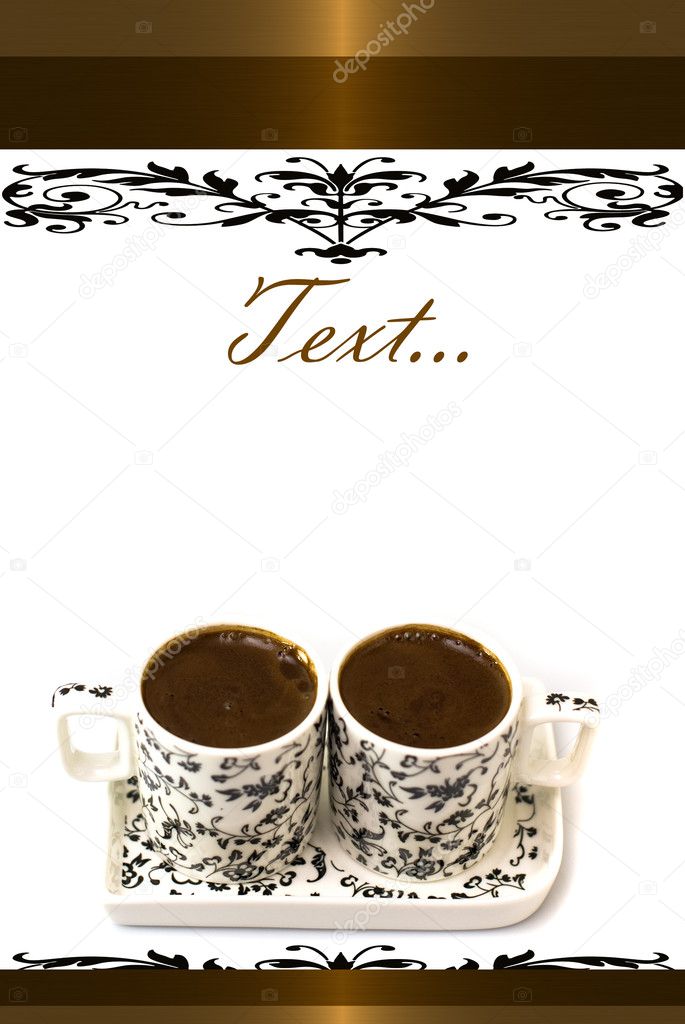 Turkish coffee in two cups on a white background with gold elements