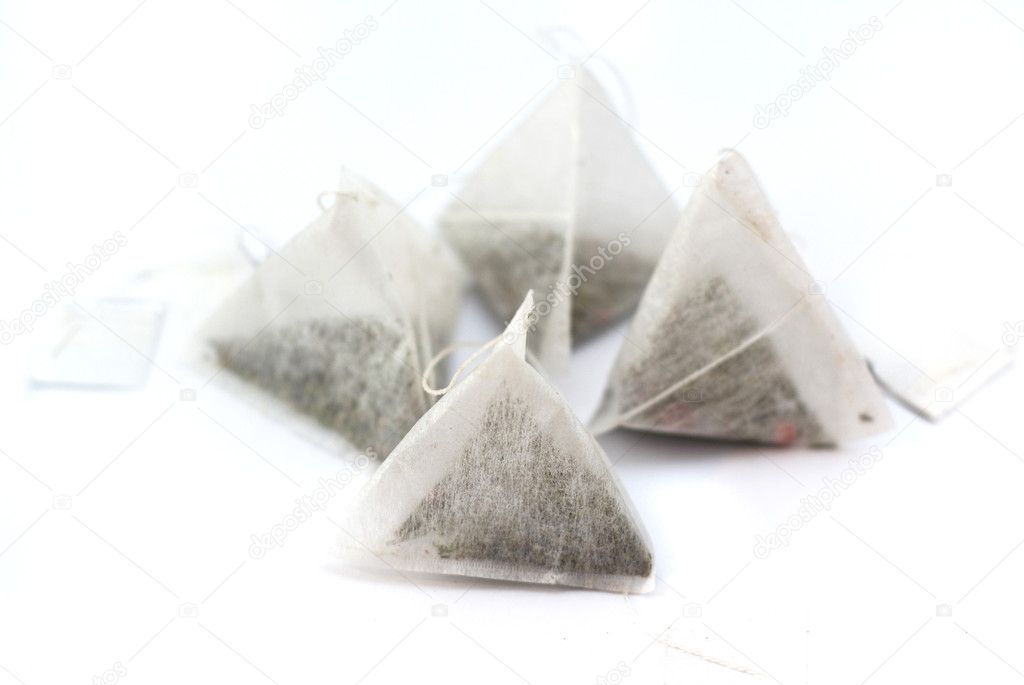 Close-up of tea bag isolated on white background