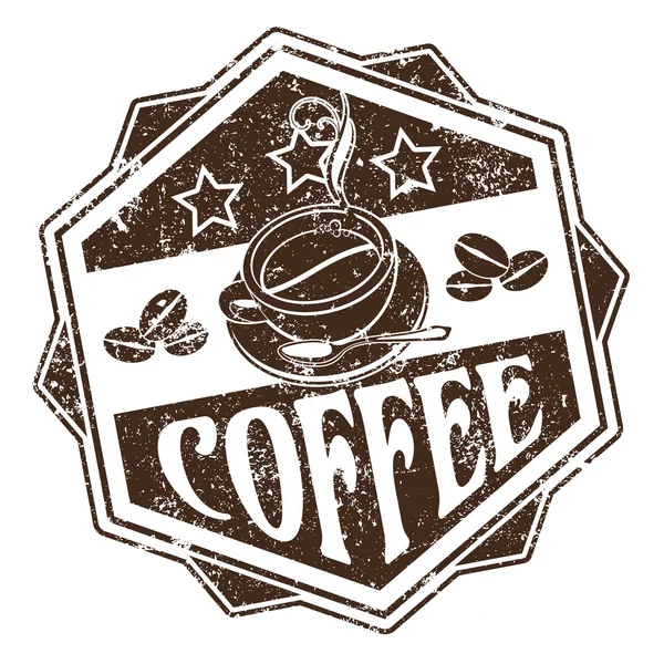 Carimbo de borracha de cor marrom com uma xícara de café e grãos — Vetor de Stock
