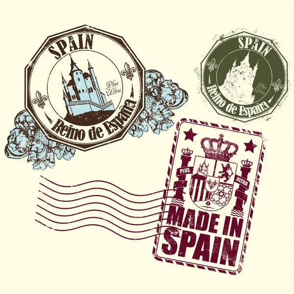 Резиновая марка Испании со средневековым замком и гербом — стоковый вектор