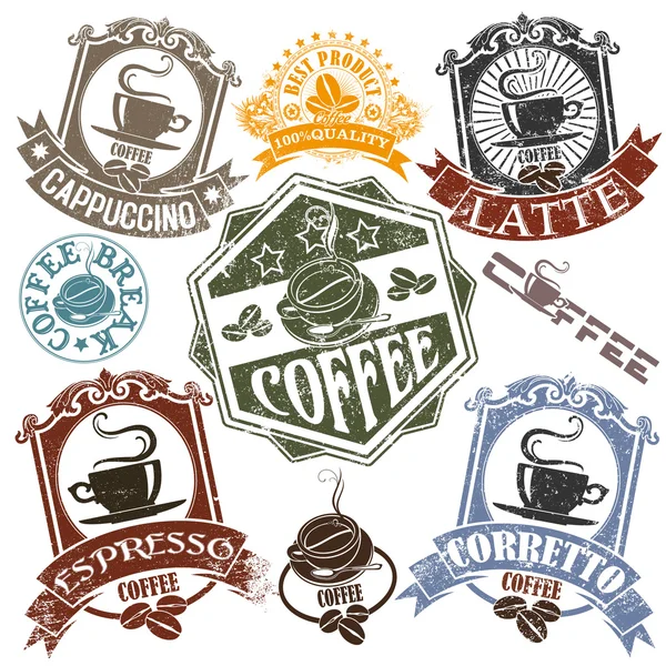 Satz von Stempeln mit dem Namen von Kaffeegetränken und Tassen. Vektor — Stockvektor