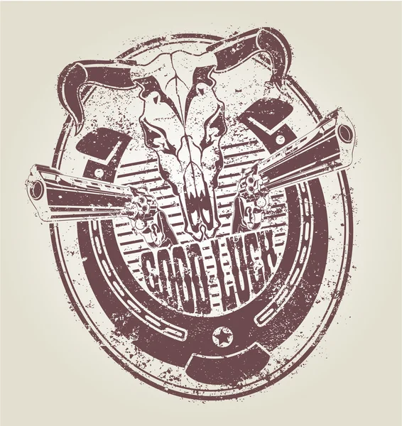 Timbre en caoutchouc avec un fer à cheval revolvers et un crâne de taureau. vecteur — Image vectorielle