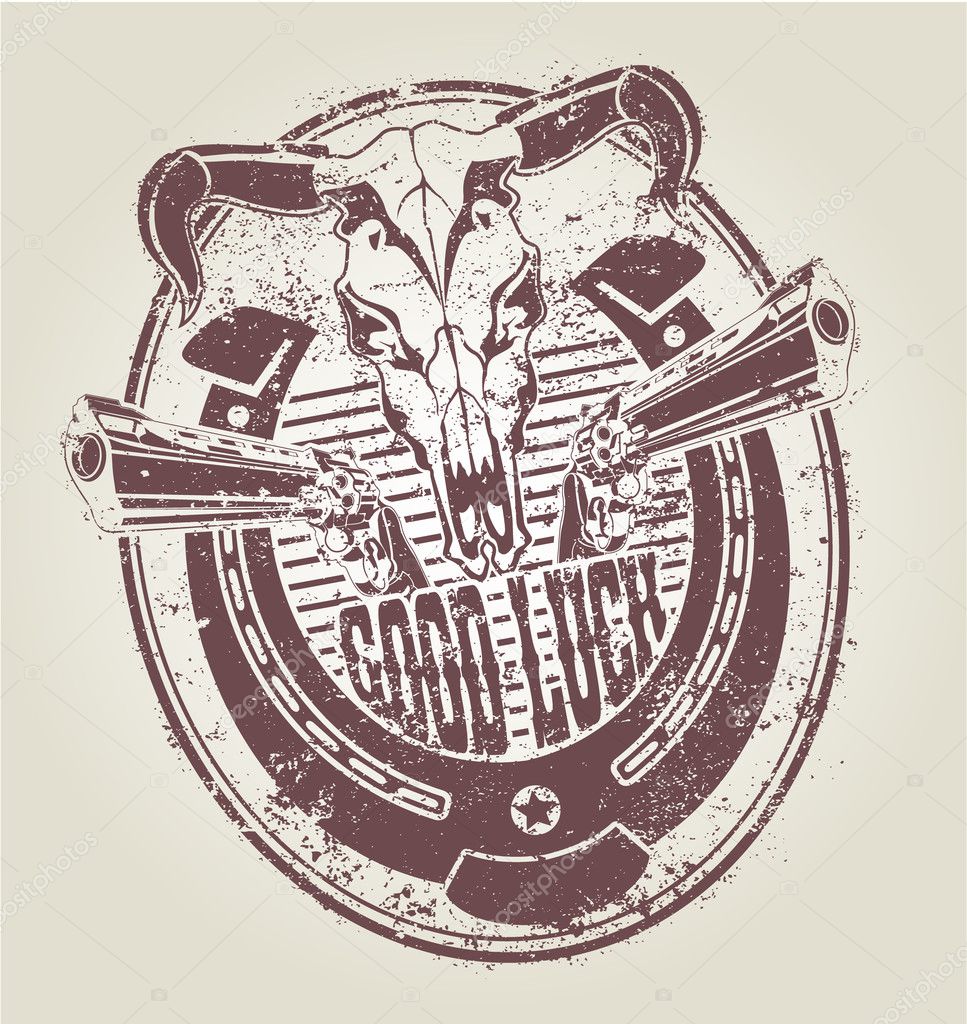 Rubber stamp with a horseshoe revolvers and a skull of a bull. vector