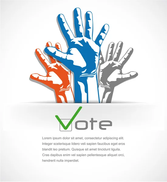 Mani colorate alzarono il voto. illustrazione vettoriale — Vettoriale Stock