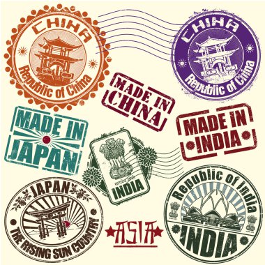 Set of rubber stamps. Asian countries. vector clipart