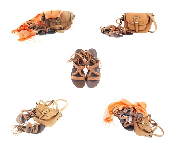 Colagem de sapatos de verão, saco e cachecol — Fotografia de Stock