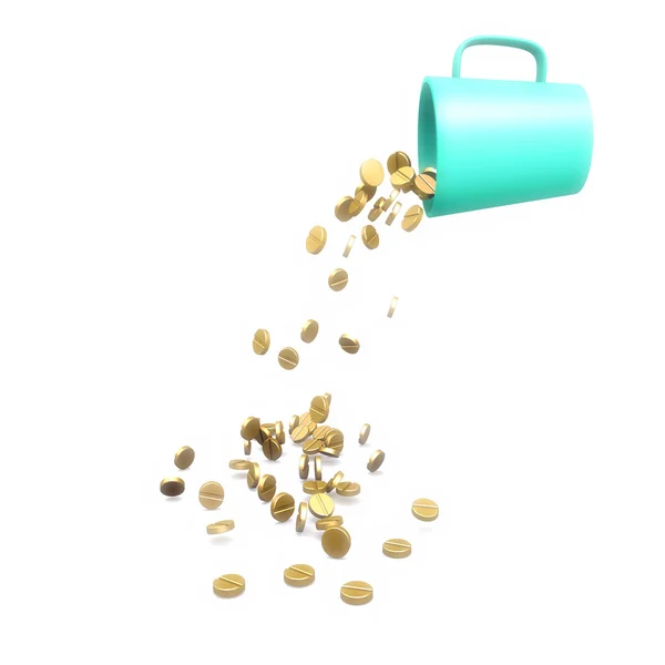 Os comprimidos de ouro caem de uma caneca verde — Fotografia de Stock