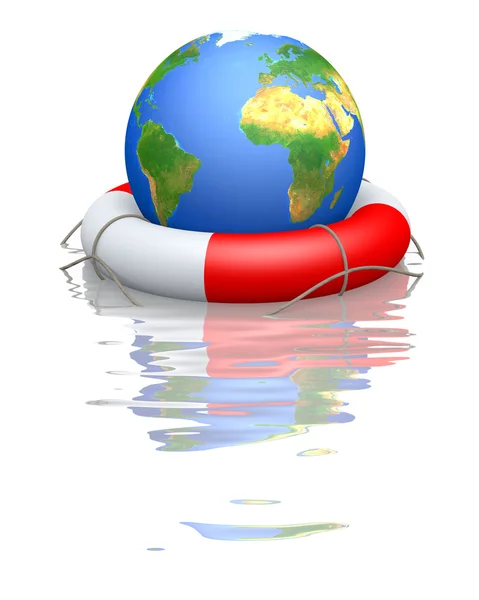 Globe and life buoy floating in water — Stock Photo, Image