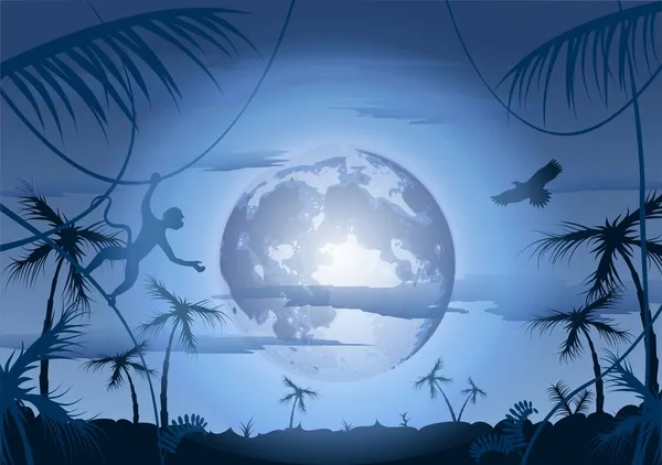 ジャングルと月の夜 — ストックベクタ