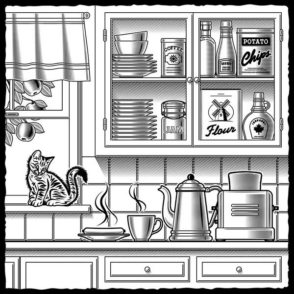 Retro mutfak siyah ve beyaz — Stok Vektör