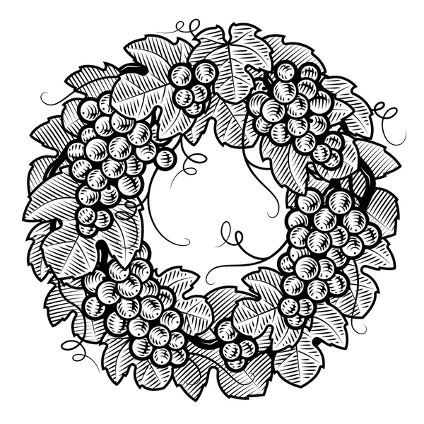 黒と白のレトロなブドウの花輪 — ストックベクタ