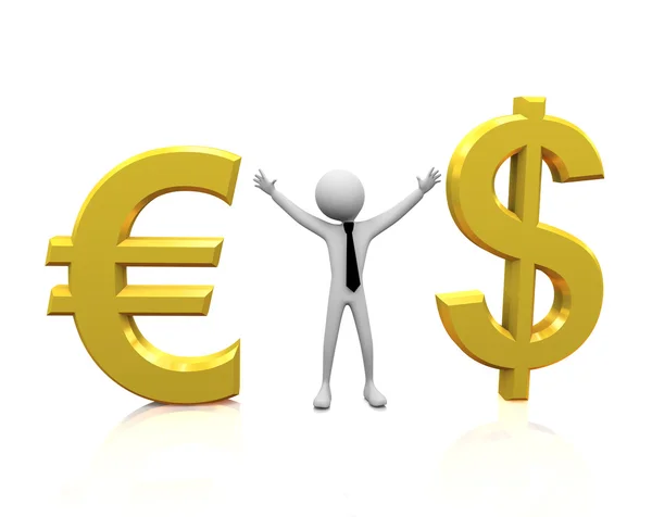3D άνθρωπος με το δολάριο και το ευρώ — Φωτογραφία Αρχείου