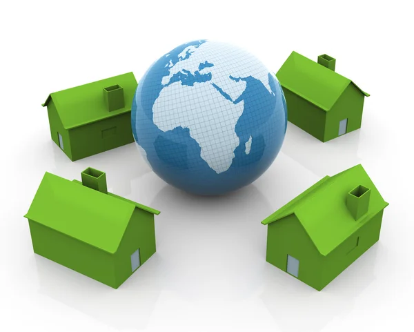 3D globe och gröna hus — Stockfoto