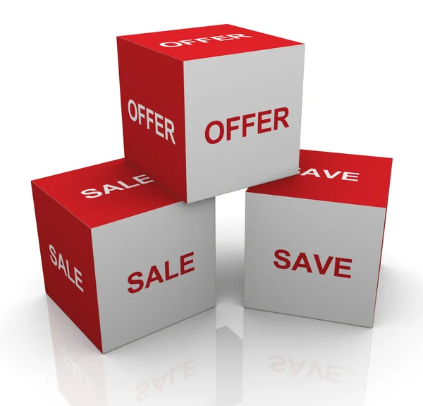 3d venda, oferecer e salvar cubos de palavras — Fotografia de Stock