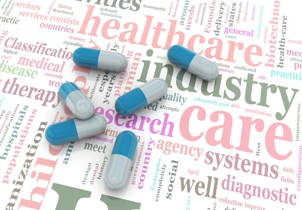 3d pills on wordcloud of healthcare — Stock Photo, Image