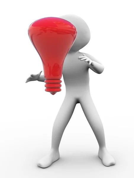3d uomo con lampadina rossa — Foto Stock