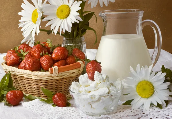 stock image Strawberries and milk products. Still life