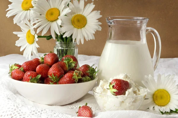 stock image Strawberries and milk products. Still life