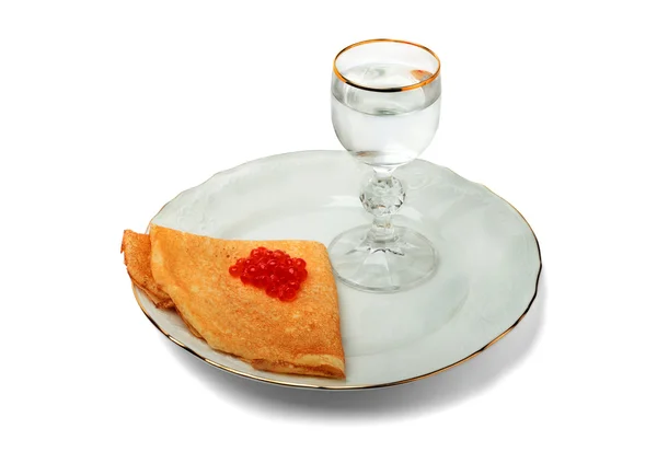 A glass of vodka with pancake and caviar — Stock Photo, Image