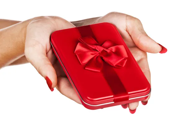 stock image Red gift box in woman's hands