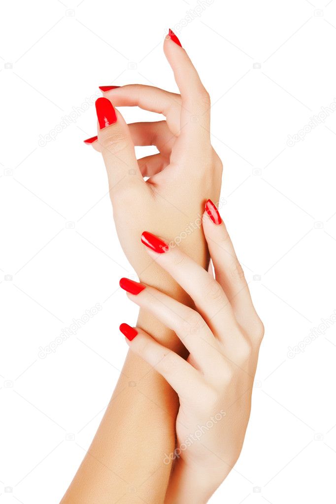 Woman hands with red nails
