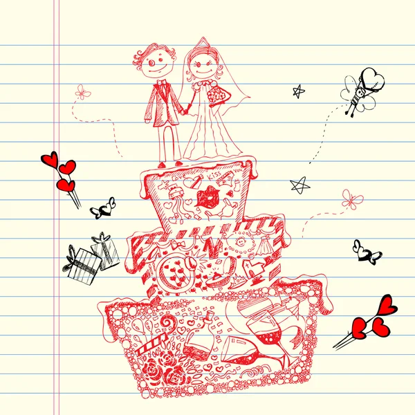 Gâteau de mariage Doodle — Image vectorielle