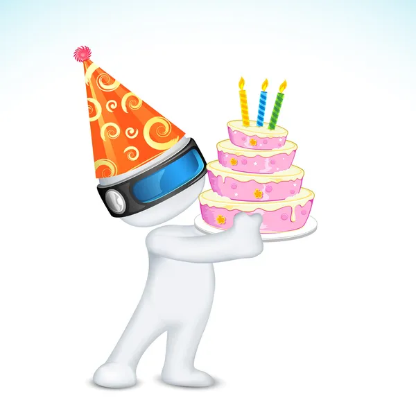 3D άνθρωπος με καπάκι γενέθλια και κέικ — Διανυσματικό Αρχείο