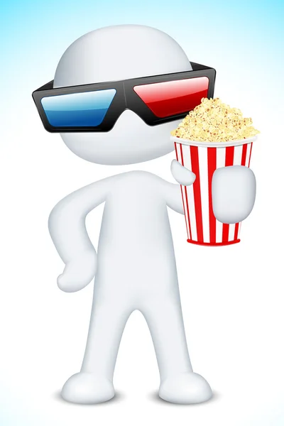 3d Man wearing 3d Glasses holding Popcorn — Stock Vector